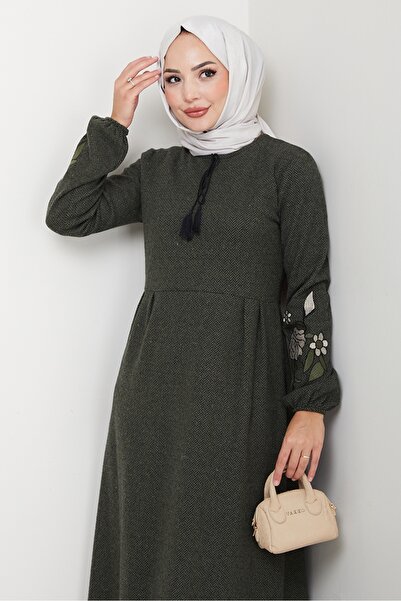 Bestenur Χακί Χιτζάμπ Φόρεμα - 755, Κεντημένα μανίκια