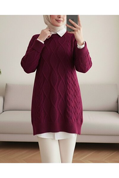 Modamorfo Honeycomb Pattern Winter Casual Knit Sweater - Burgundy