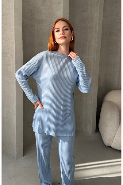 EYYE Set din două piese pentru femei, din bumbac, albastru bebeluș, bluză și pantaloni