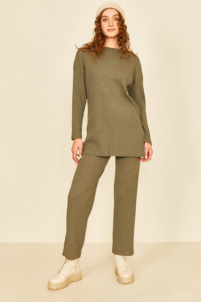 EYYE Khaki Cotton Ribbed Women's Blouse Pants Two-Piece Set