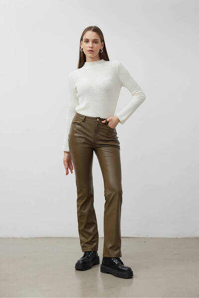 BE BLUE Green Straight Leather Trousers