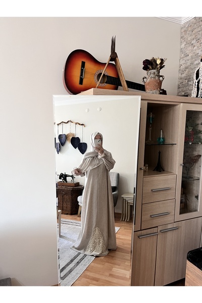 SUESO STORE Pamuk Keten Yarım Fermuarlı Namaz Umre Hac Elbisesi Şal Takım