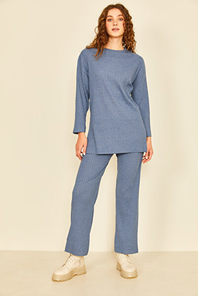 EYYE Indigókék pamut bordázott női blúz nadrág kétrészes szett