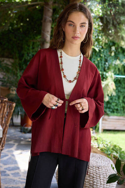 BE BLUE Dark Cherry Textured Kimono