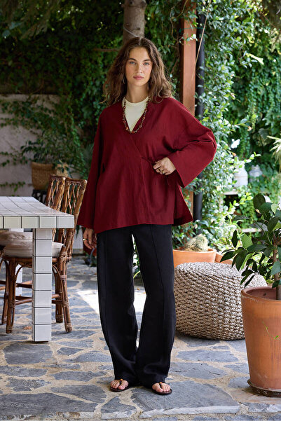 BE BLUE Dark Cherry Textured Kimono