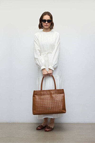 BE BLUE Tan Colored Knitted Detailed Tote Bag