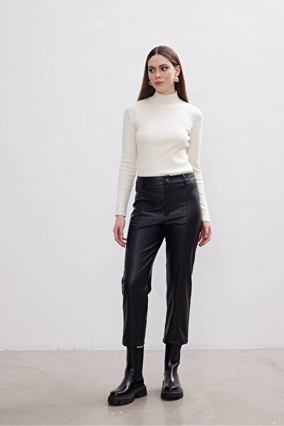 BE BLUE SİYAH DİKİŞ DETAYLI DERİ PANTOLON