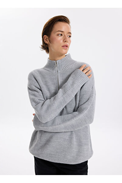 Fabrika Gri Melanj Düz Kadın Fermuarlı Geniş Fit Kazak KATTEN