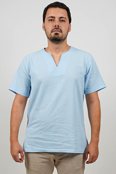 SİDE OTANTİK Μπλουζάκι Unisex από λινό με λαιμόκοψη σε σχήμα V, κοντό μανίκι,...