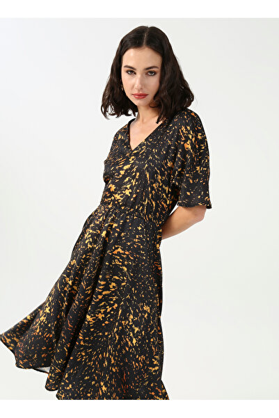Fabrika V Yaka Degrade Siyah - Turuncu Midi Kadın Elbise YMN-7