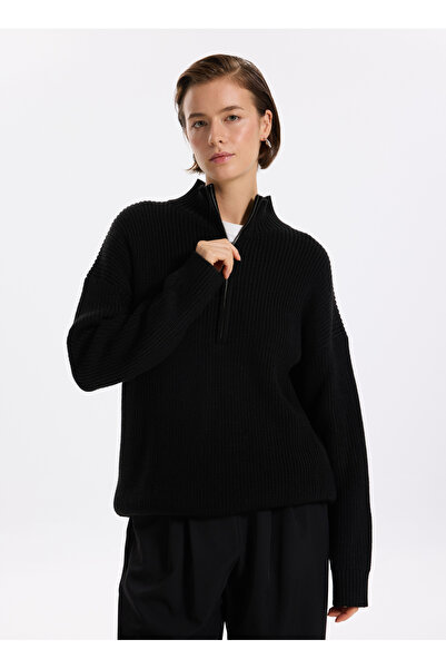 Fabrika Siyah Kadın Fermuarlı Geniş Fit Düz Kazak KATTEN