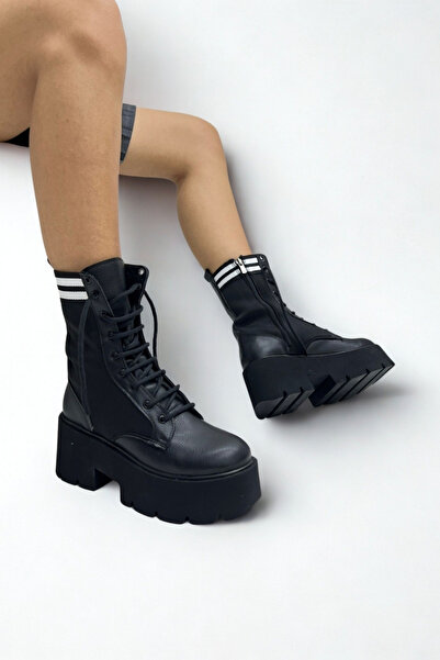 inizio Γυναικείες μπότες μαύρης χοντρής σόλας P9026