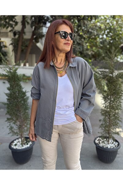 DenizEge Skirt with Guipure Zipper Jacket Gray