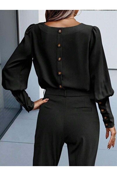 NOİR & GOLD Bluză de damă cu mânecă lungă, cu gât rotund, cu nasturi, din cre...