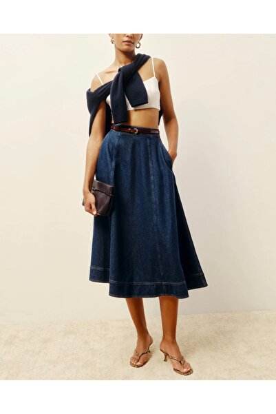 Vera Tekstil Kadın Lacivert Kloş Midi Denim Etek