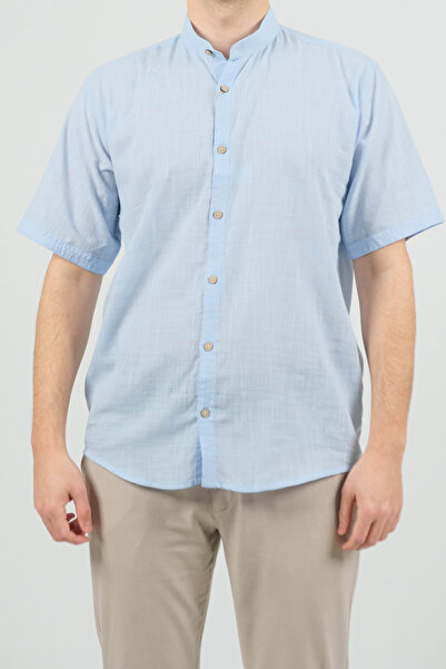 SİDE OTANTİK Hakim Yaka Keten Buz Mavi Kısa Kol Gömlek