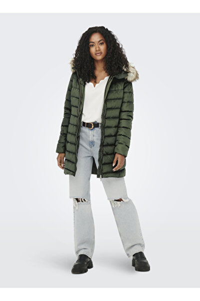 ONLY Açık Haki Kadın Kaban ONLNEWELLAN QUILTED HOOD FUR COAT C