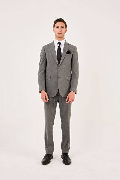 wodelli Erkek Slim Fit Gri Mono Yaka Likralı Çift Yırtmaçlı Takım Elbise