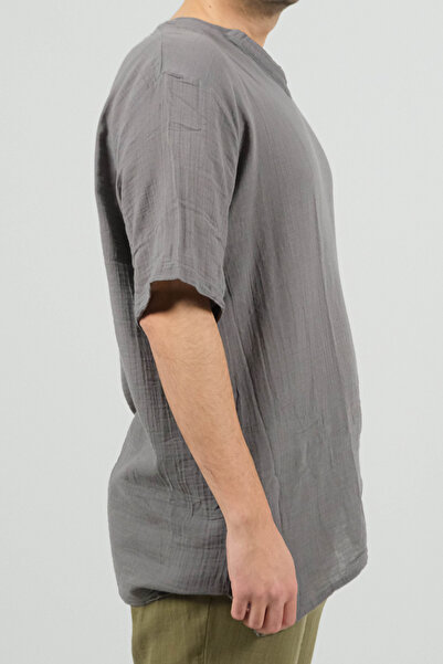 SİDE OTANTİK Ribbed Collar Oversize Muslin Half Sleeve Comfort Smoked Men's T-Shirt