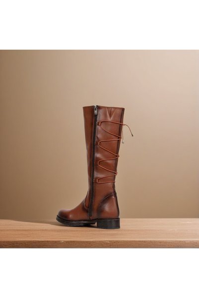 zaınexpress Women's Tan Skin Boots-Tassel Detailed Drawstring Boots