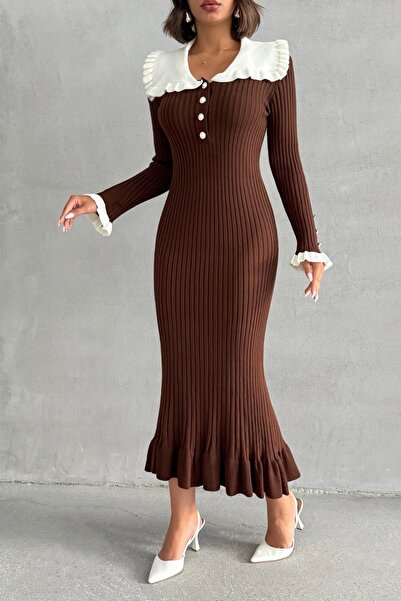 Lusin Дамска кафява елегантна рокля с детайли на яката, дължина до коляното (нов цвят)
