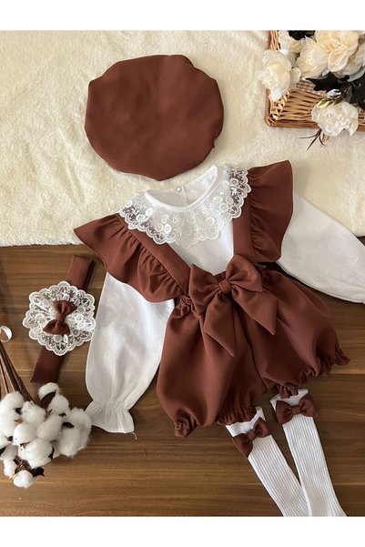 BİYA BABY Girl's Baby Strap Coffee Shorts Shirt Hat Bandana Socks Set