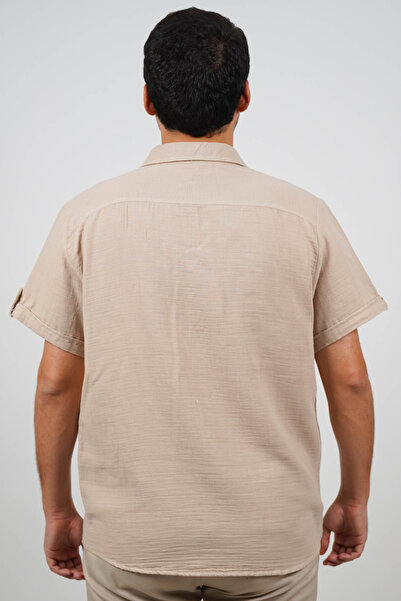 SİDE OTANTİK Erkek Muslin Regular Fit Kısa Kollu Nefes Alan Günlük Krem Gömlek
