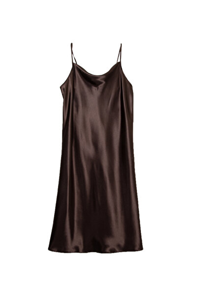 Magic Form Kahve Kadın Askılı Diz Altı Saten Gecelik 7790