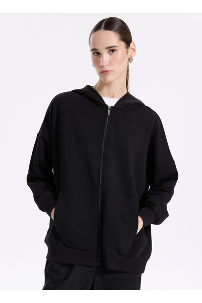 Fabrika Siyah Kadın Kapüşonlu Geniş Fit Düz Sweatshirt TATAM