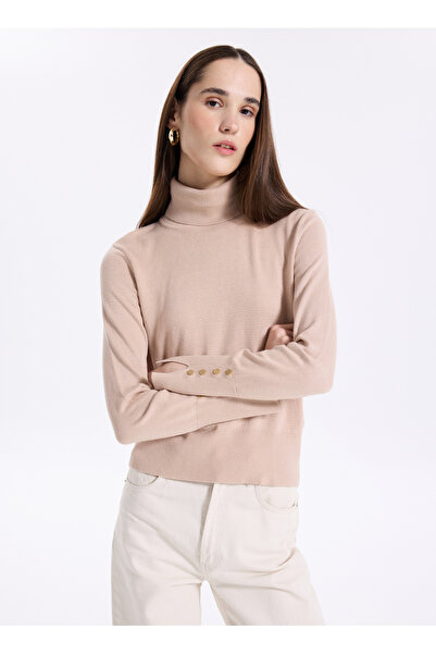 Fabrika Bej Melanj Kadın Balıkçı Yaka Düz Kazak REZZA