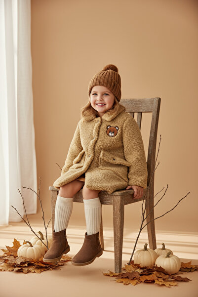 HC Kids Wear Jachetă de iarnă din pluș bej pentru fetiță cu broderie de ursuleț