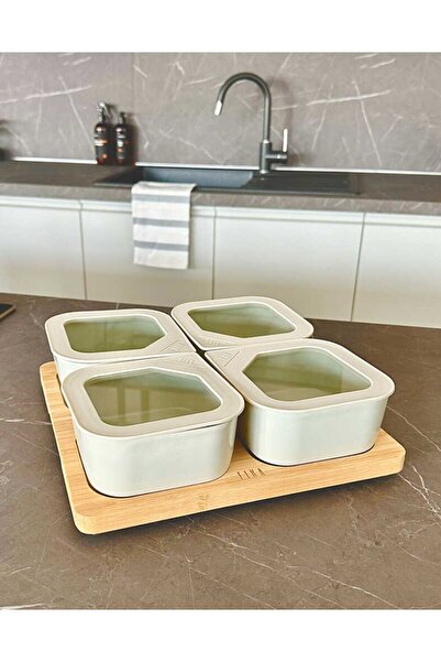 NEOFLAM Fika One 4'lü Kahvaltılık Seti ve Tepsisi Beyaz – Seramik Gövde, Cam Kapak