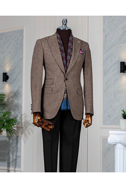 TerziAdemAltun Ανδρικό μονό σακάκι καφέ T13298 με μοτίβο ψαροκόκαλο σε ιταλικό στυλ