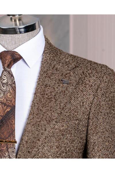 TerziAdemAltun Ανδρικό μονό μπουφάν καφέ T13540 με λεπτή εφαρμογή μονό γιακά ιταλικού στυλ