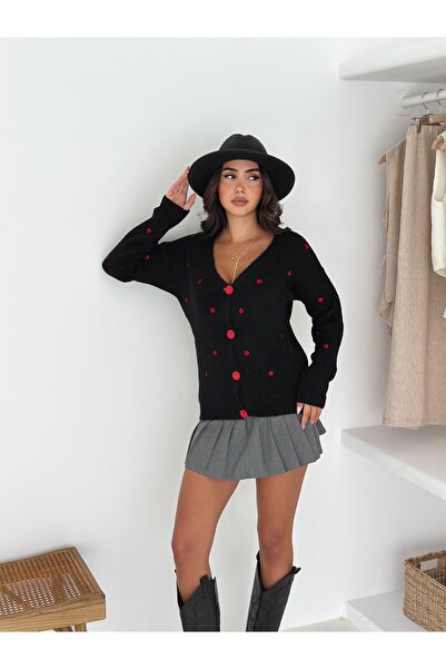 Brantu كارديجان نسائي منسوج أسود اللون بياقة على شكل حرف V وأزرار ونقش على شك...