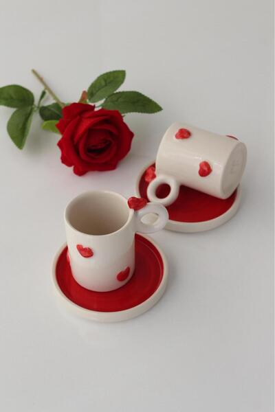 seda seramik El Yapımı Tasarım Kalpli Fincan 2 Kişilik 4 Parçalı Kahve Fincan Takımı 110 ml