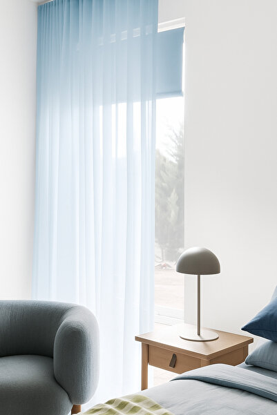 Ran Perde Modern Keten Tül Perde - Pileli Dikim - Açık Mavi M