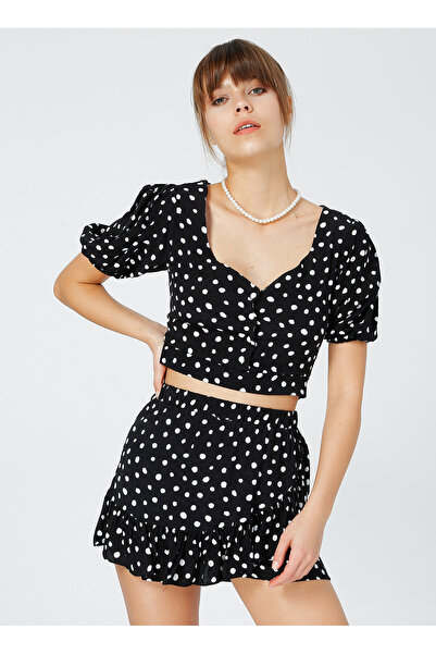 Fabrika Kare Yaka Puantiyeli Siyah - Beyaz Kadın Bluz SIDNEY