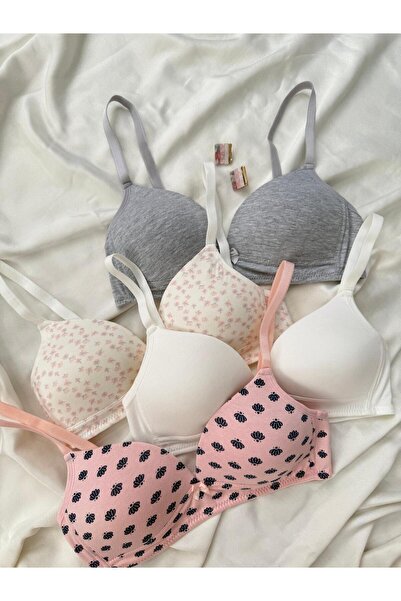 İNKO İÇ GİYİM Cotton Combed Cotton Wire-Free Unpadded 4-Piece Gathering Bra