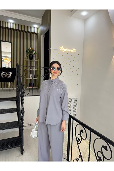 Butik Gri taşlı inciili gömlek beli lastikli cepli pantolon ikili takım