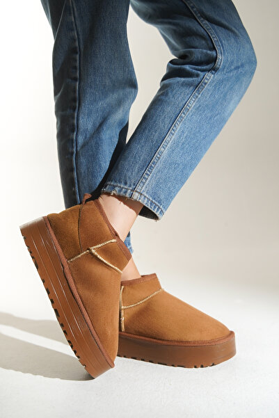 HVZ Exclusive Taba Kadın Tüylü Bot Kışlık Yumuşak Rahat Slip On Yarım Bot