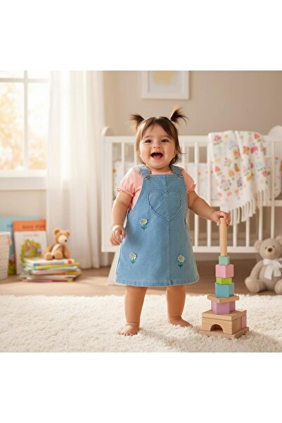 ALTINTAŞ BABY Daisy Embroidered Heart Patterned Denim Look Cotton 2-Piece Salopet Set