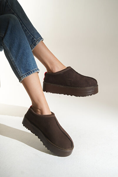 HVZ Exclusive Καφέ σουέντ γυναικείες μπότες με χοντρή σόλα με γούνα εσωτερικά Tefis Belis παντόφλες