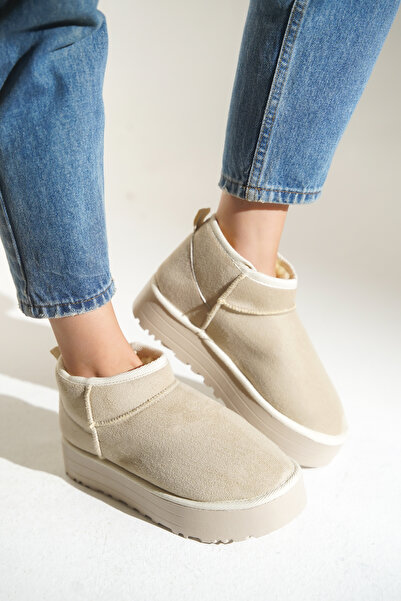 HVZ Exclusive Kadın Tüylü Bej Süet Bot