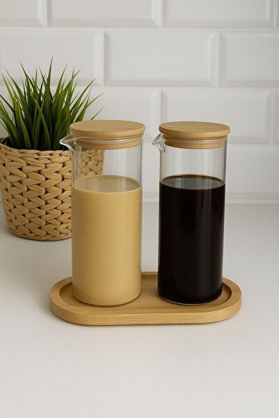 Dia Set of 2 Glass Borosilicate Oil Pot / Tahini / Molasses with Bamboo Lid and Stand