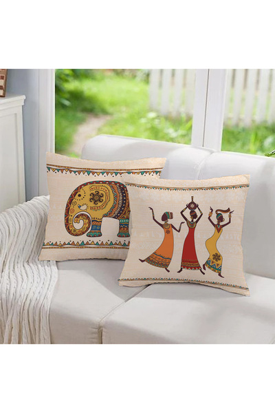 Hayal Dekoratif African Themed Red Yellow Colored Gift 2-Piece Digital Printed Sofa Cushion Covers