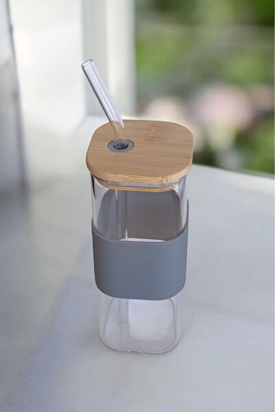 Panhera Square Glass Cup with Bamboo Lid and Straw 400 ml |   Gray