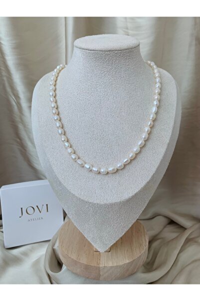 JOVİ ATELİER 40cm Doğal Orta Boy Arpa Inci Kolye - Çelik Aparat - 40cm 7cm Uz...