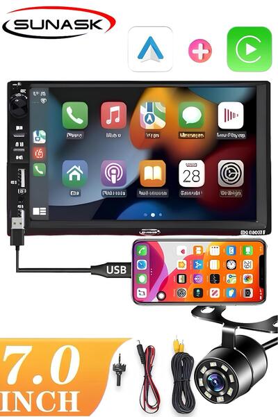 SUNASK Sn-9900bt Carplay Li Ekranlı Oto Teyp 7 Inç Double Teyp Park Kamerası Bluetooth Mp5 Mp3 Çift Usb