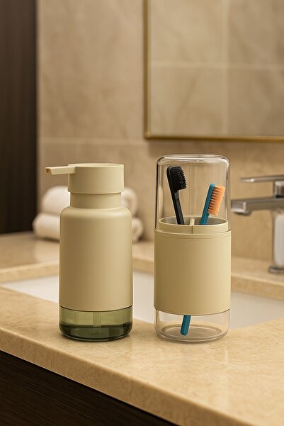 Open Home Concept Set of 2 Practical Liquid Soap Dispenser and Toothbrush Holder Stone Gray